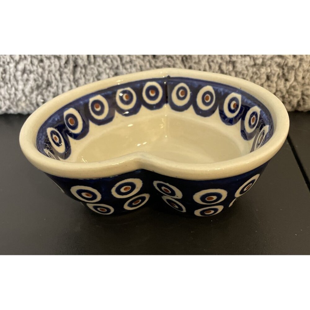 Boleslawiec Polish Art Pottery Heart Shaped Bowls Baker Mold Blue Dots Set Of 2 - Picture 4 of 7